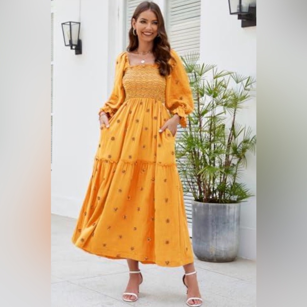 ABYOVRT Floral Embroidered Maxi Dress Puff Sleeve Neck Boho Ginger S NWT